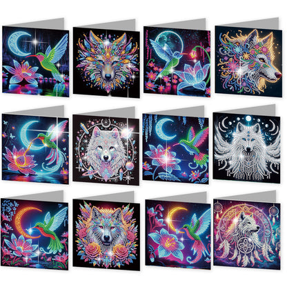 12PCS Hummingbird Wolf DIY Diamond Painting Greeting Card Set with Envelopes