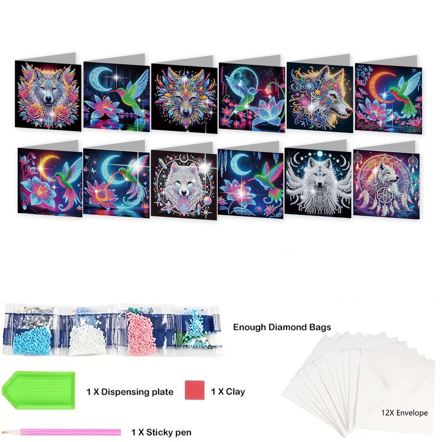 12PCS Hummingbird Wolf DIY Diamond Painting Greeting Card Set with Envelopes