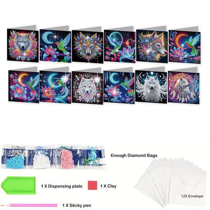 12PCS Hummingbird Wolf DIY Diamond Painting Greeting Card Set with Envelopes