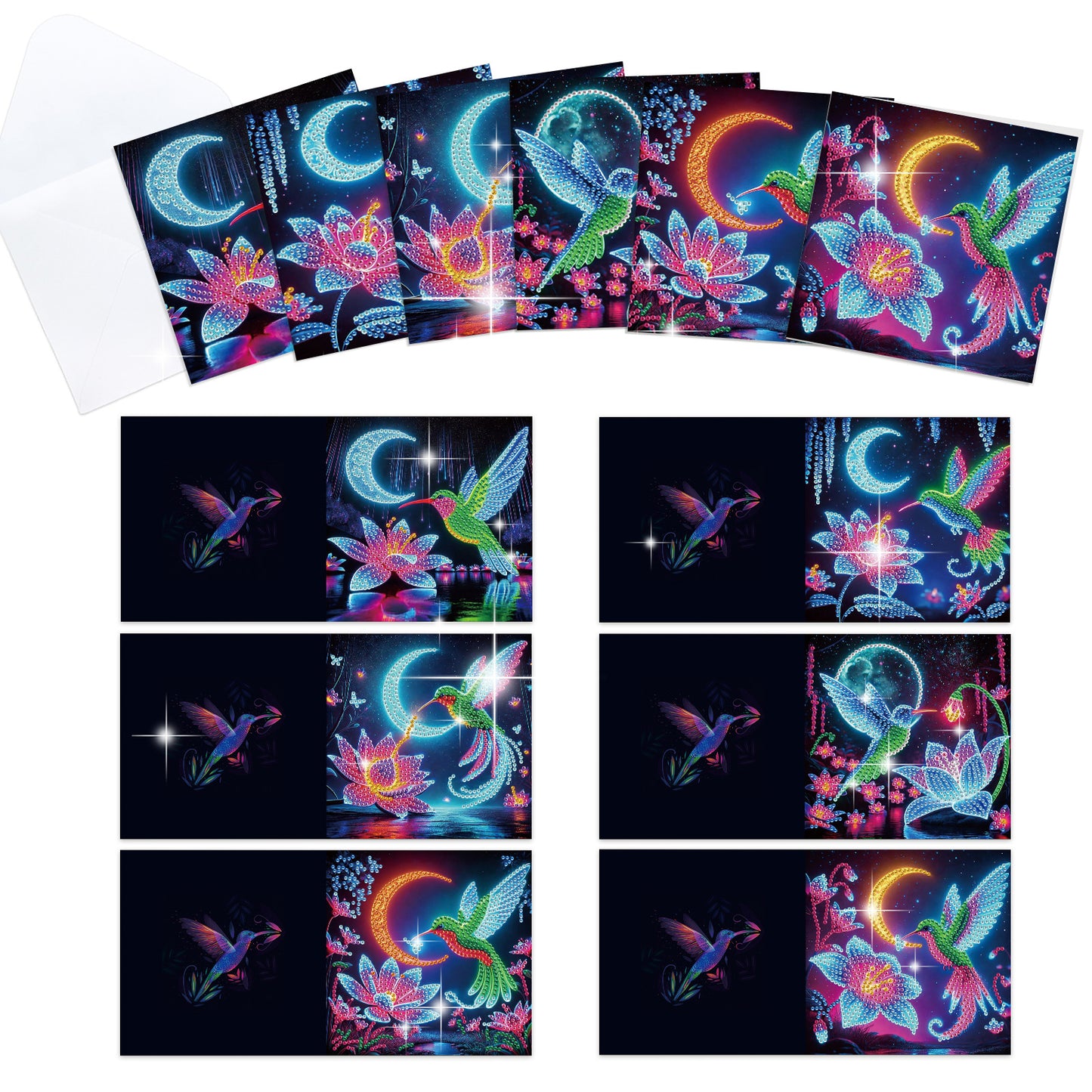 12PCS Hummingbird Wolf DIY Diamond Painting Greeting Card Set with Envelopes