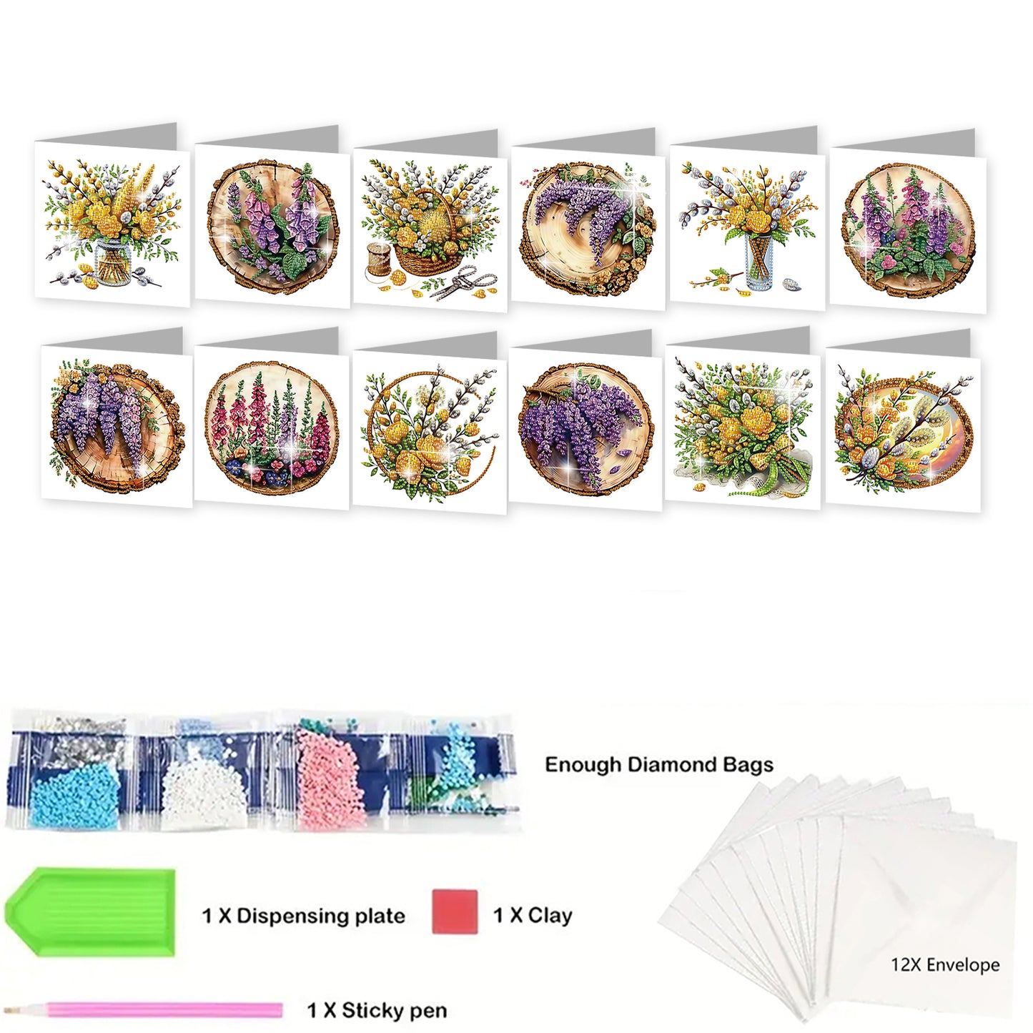 12PCS Bouquet of Flowers DIY Diamond Painting Greeting Card Set with Envelopes