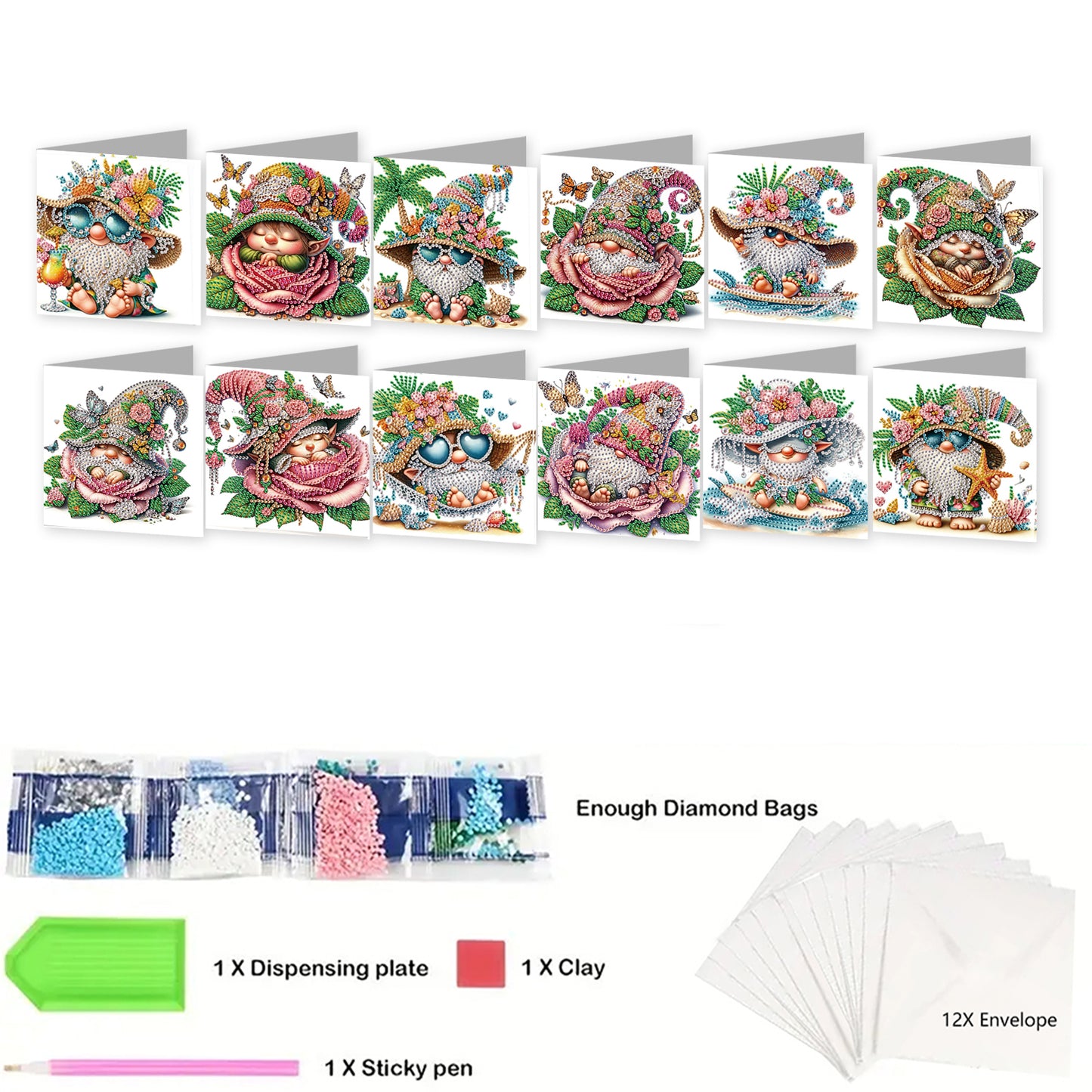 12PCS Flower Goblin DIY Diamond Painting Greeting Card Set with Envelopes