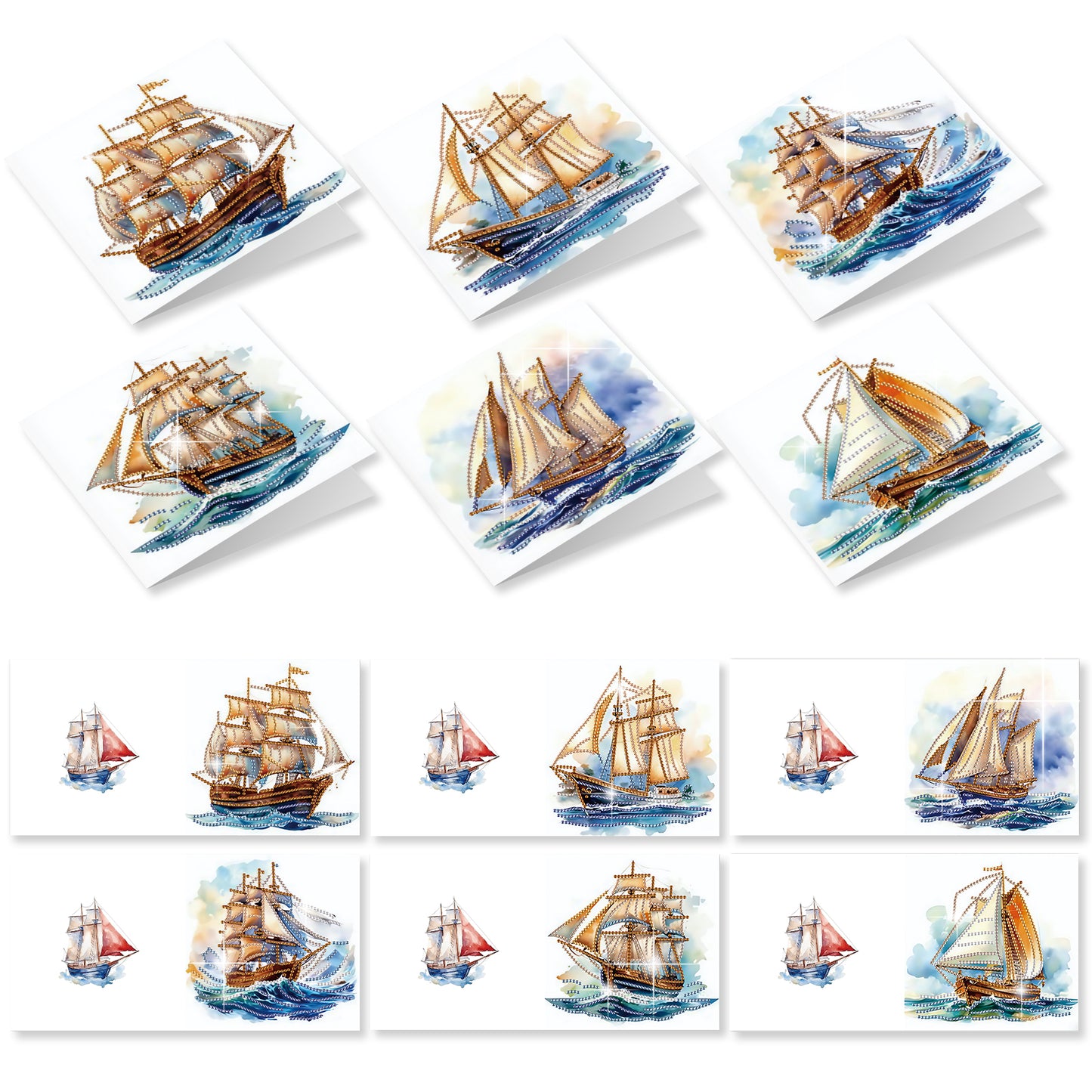 12PCS Sea Sailing Boat DIY Diamond Painting Greeting Card Set with Envelopes