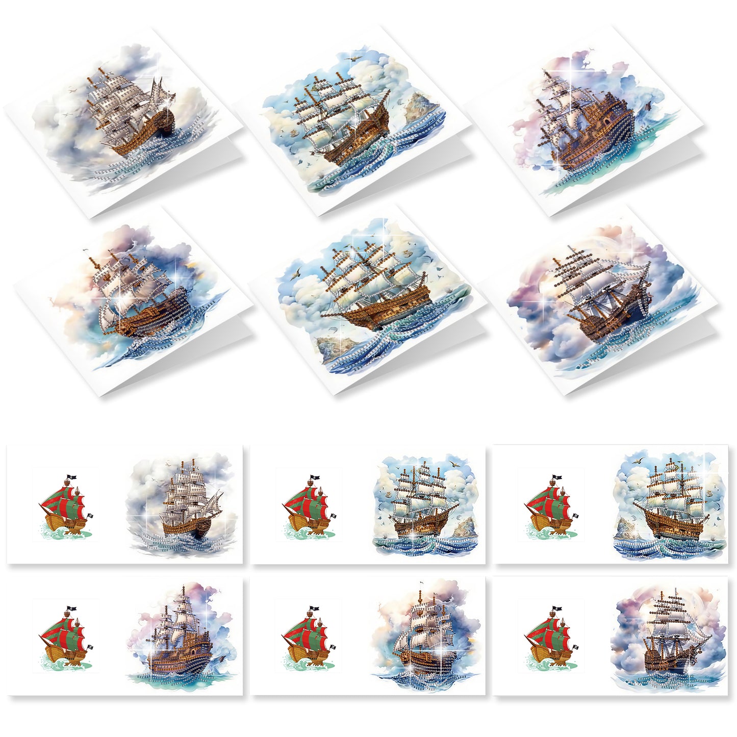 12PCS Sea Sailing Boat DIY Diamond Painting Greeting Card Set with Envelopes