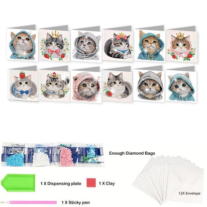12PCS Cute Kitten DIY Diamond Painting Greeting Card Set with Envelopes