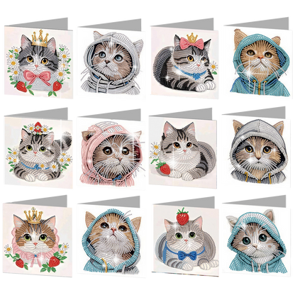 12PCS Cute Kitten DIY Diamond Painting Greeting Card Set with Envelopes