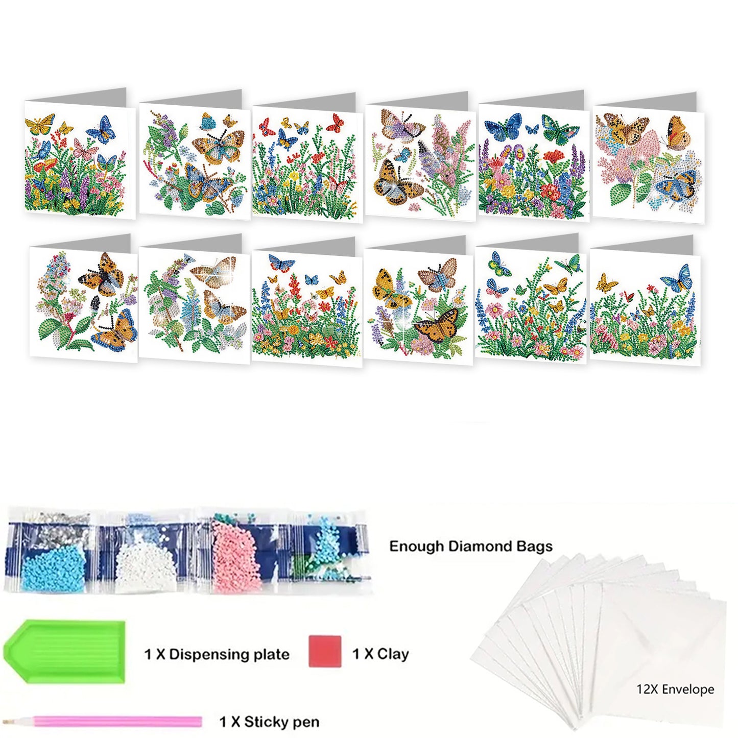12PCS Butterfly DIY Diamond Painting Greeting Card Set with Envelopes for Adults