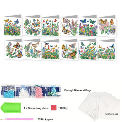 12PCS Butterfly DIY Diamond Painting Greeting Card Set with Envelopes for Adults