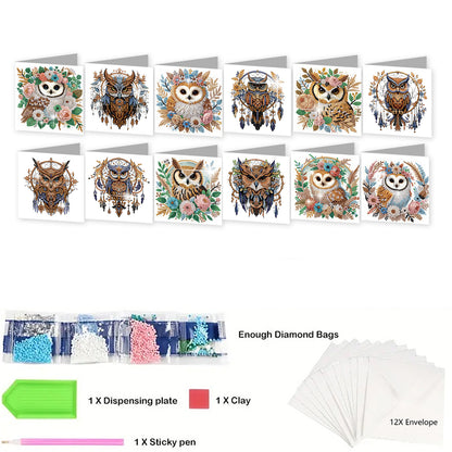 12PCS Dreamcatcher Owl DIY Diamond Painting Greeting Card Set with Envelopes