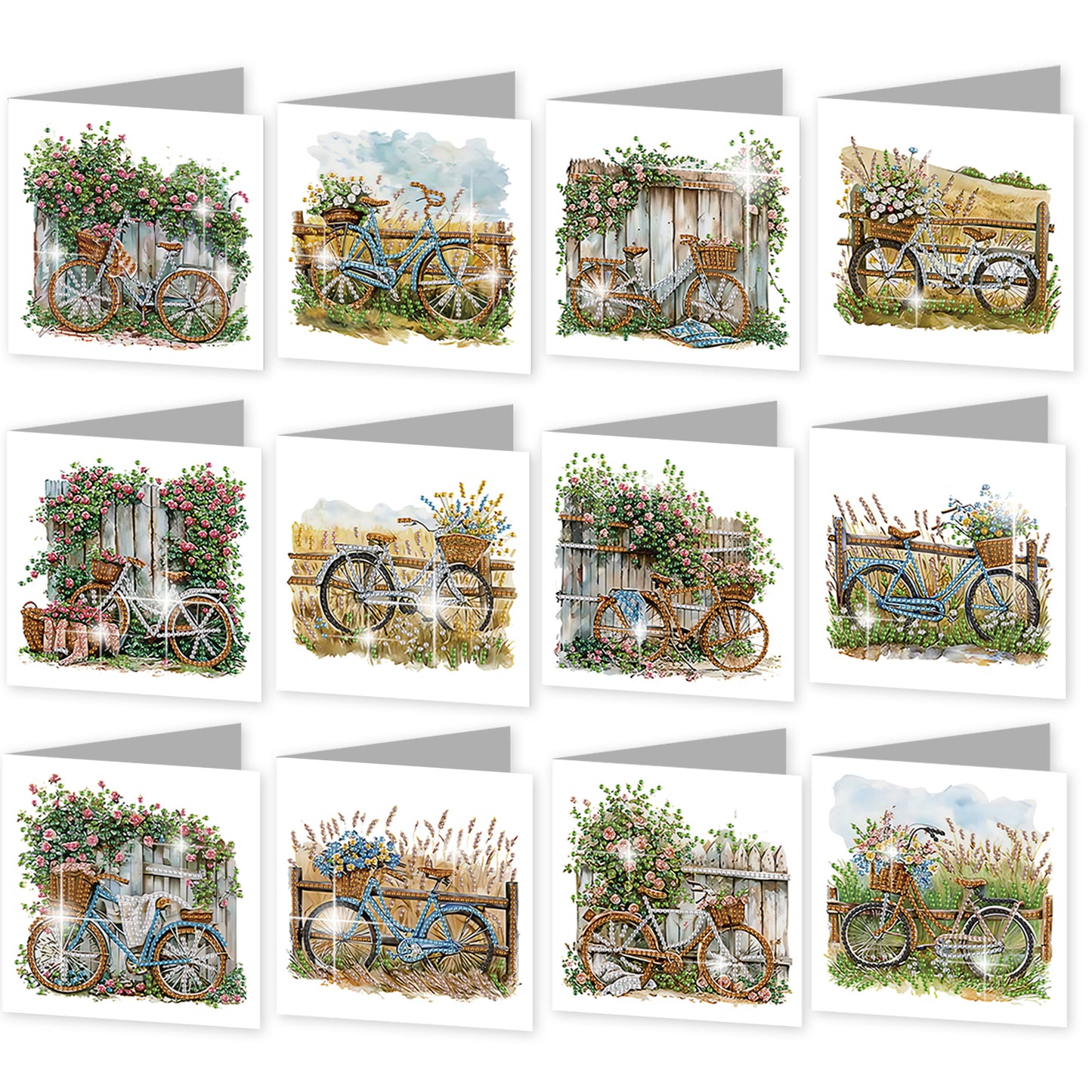 12PCS Flower Bike DIY Diamond Painting Greeting Card Set with Envelopes