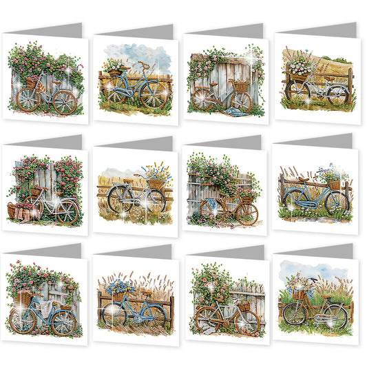 12PCS Flower Bike DIY Diamond Painting Greeting Card Set with Envelopes