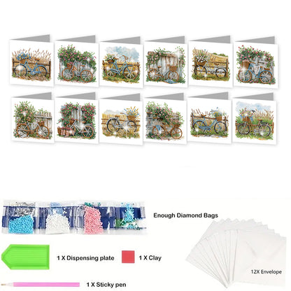12PCS Flower Bike DIY Diamond Painting Greeting Card Set with Envelopes