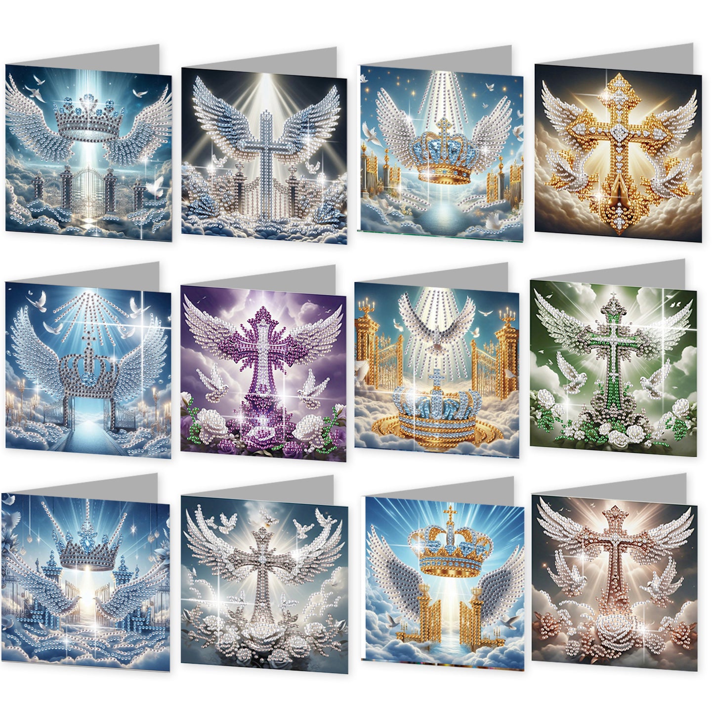 12PCS Angel Wings Cross DIY Diamond Painting Greeting Card Set with Envelopes