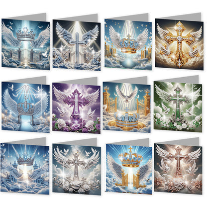 12PCS Angel Wings Cross DIY Diamond Painting Greeting Card Set with Envelopes