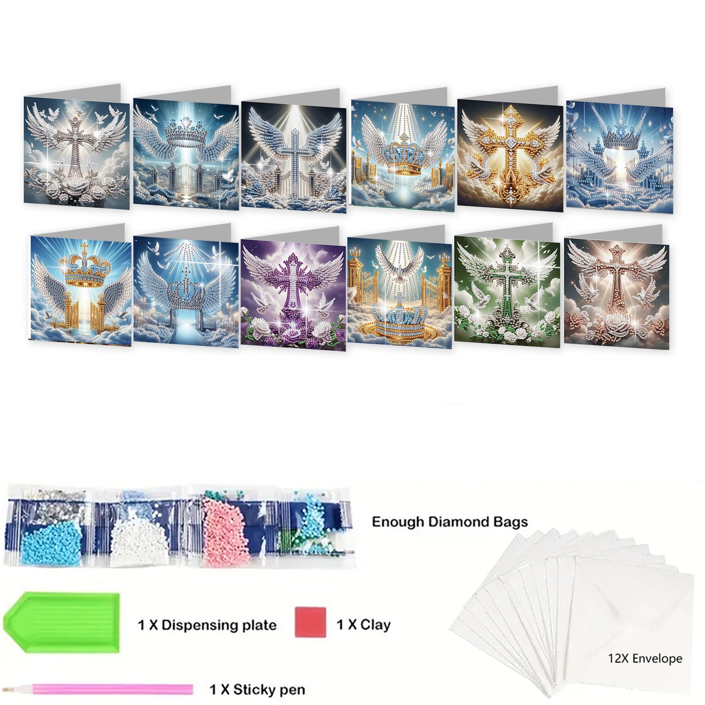12PCS Angel Wings Cross DIY Diamond Painting Greeting Card Set with Envelopes