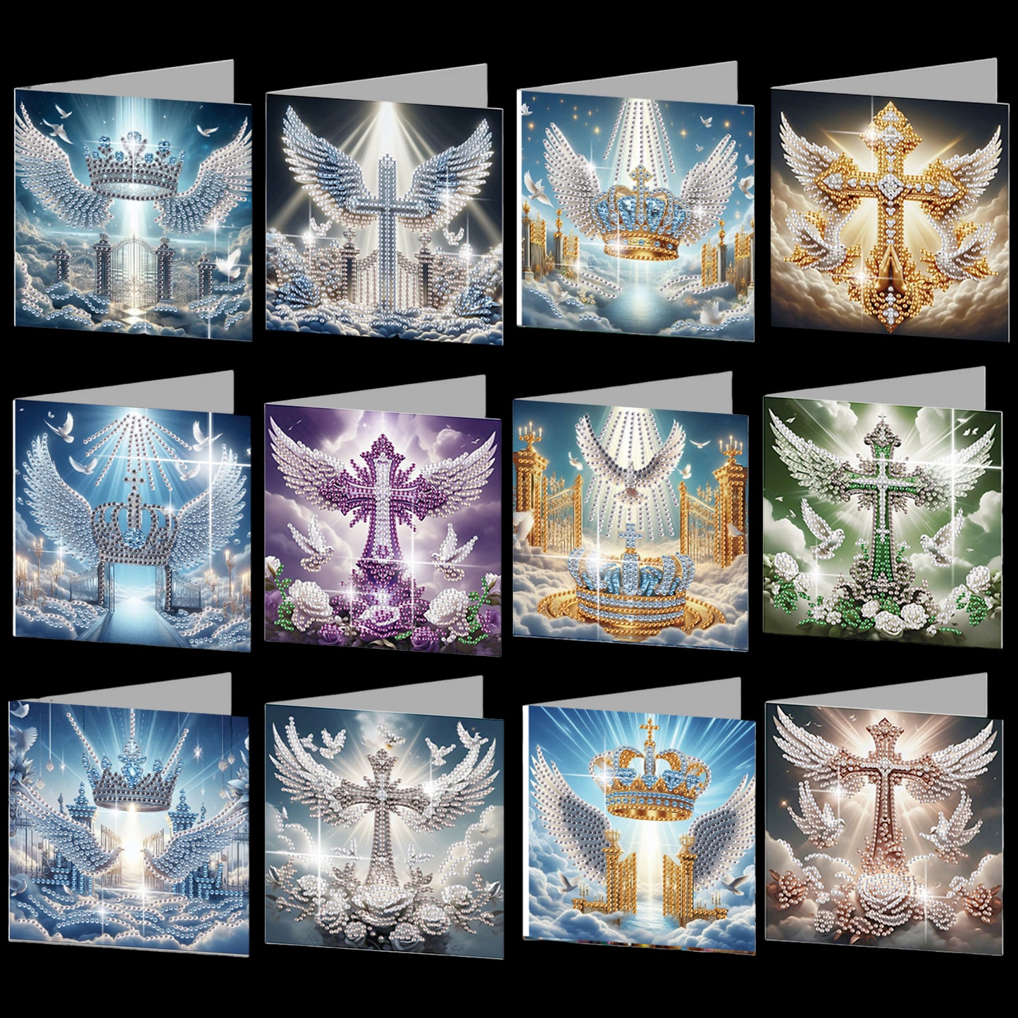 12PCS Angel Wings Cross DIY Diamond Painting Greeting Card Set with Envelopes