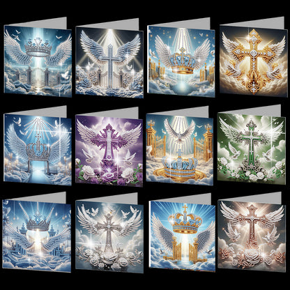 12PCS Angel Wings Cross DIY Diamond Painting Greeting Card Set with Envelopes