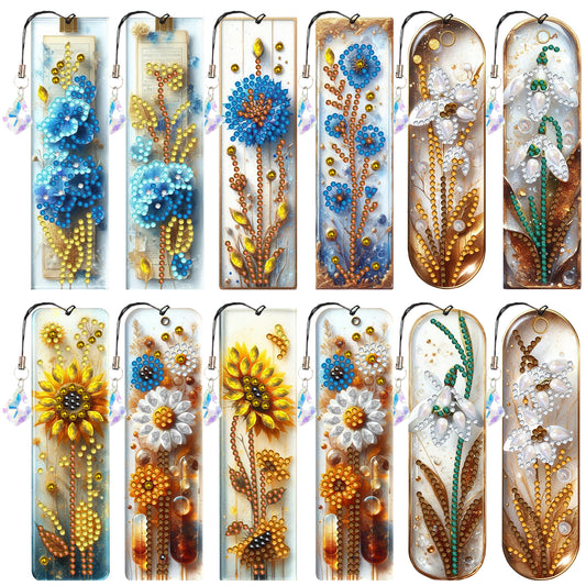 12pcs Flowers DIY 5D Diamond Painting Bookmark Kit w/ Pendant for Adult Beginner