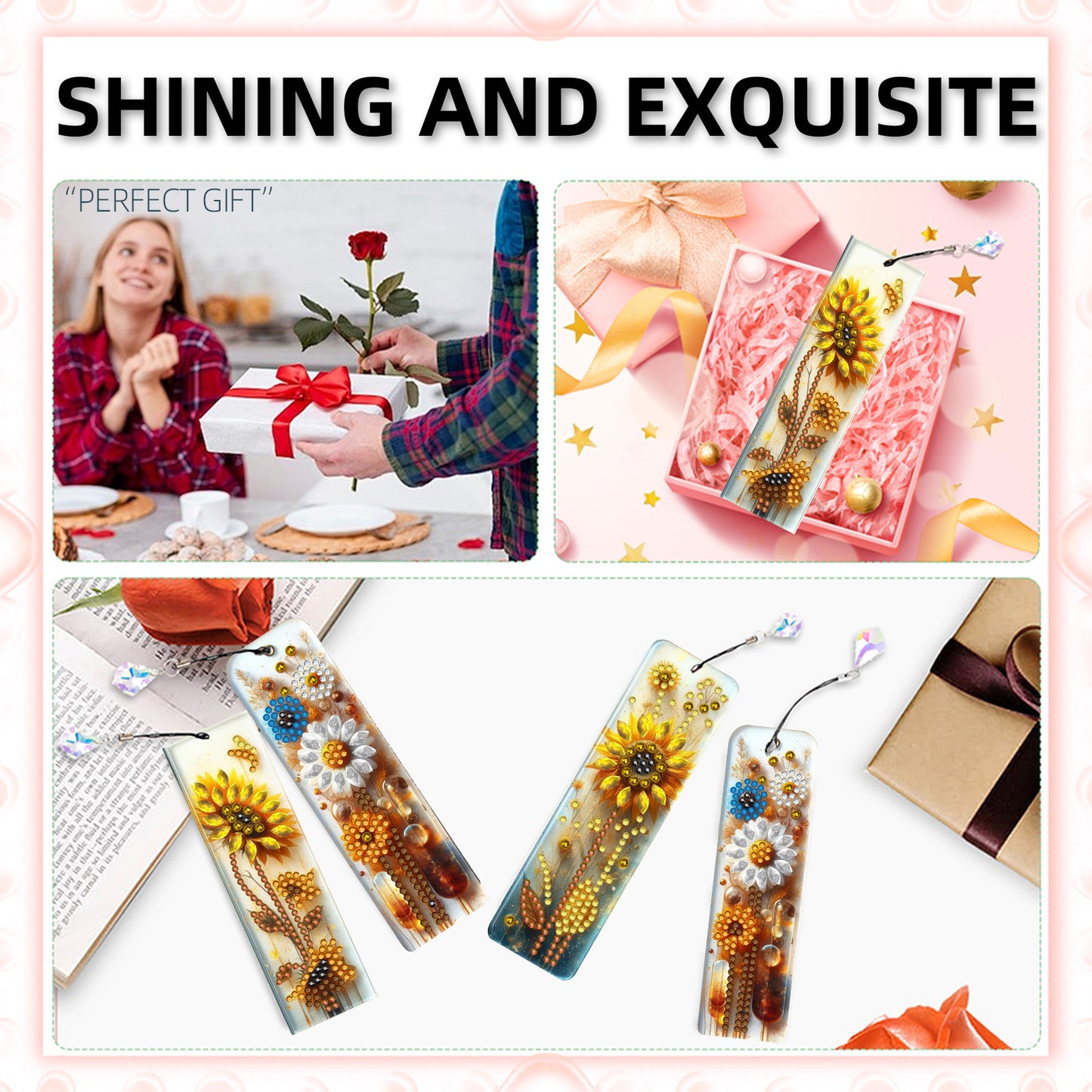 12pcs Flowers DIY 5D Diamond Painting Bookmark Kit w/ Pendant for Adult Beginner