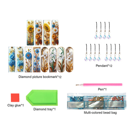 12pcs Flowers DIY 5D Diamond Painting Bookmark Kit w/ Pendant for Adult Beginner