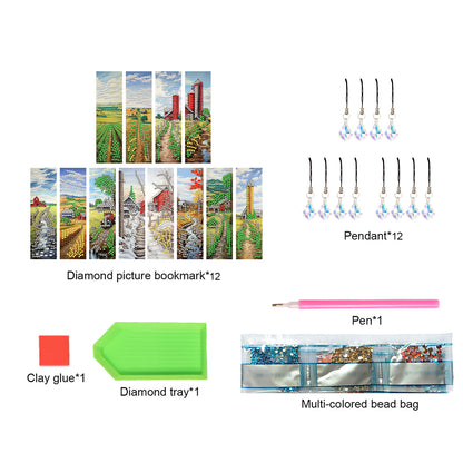 12pcs Countryside DIY 5D Diamond Painting Bookmark Kit with Pendant for Adults