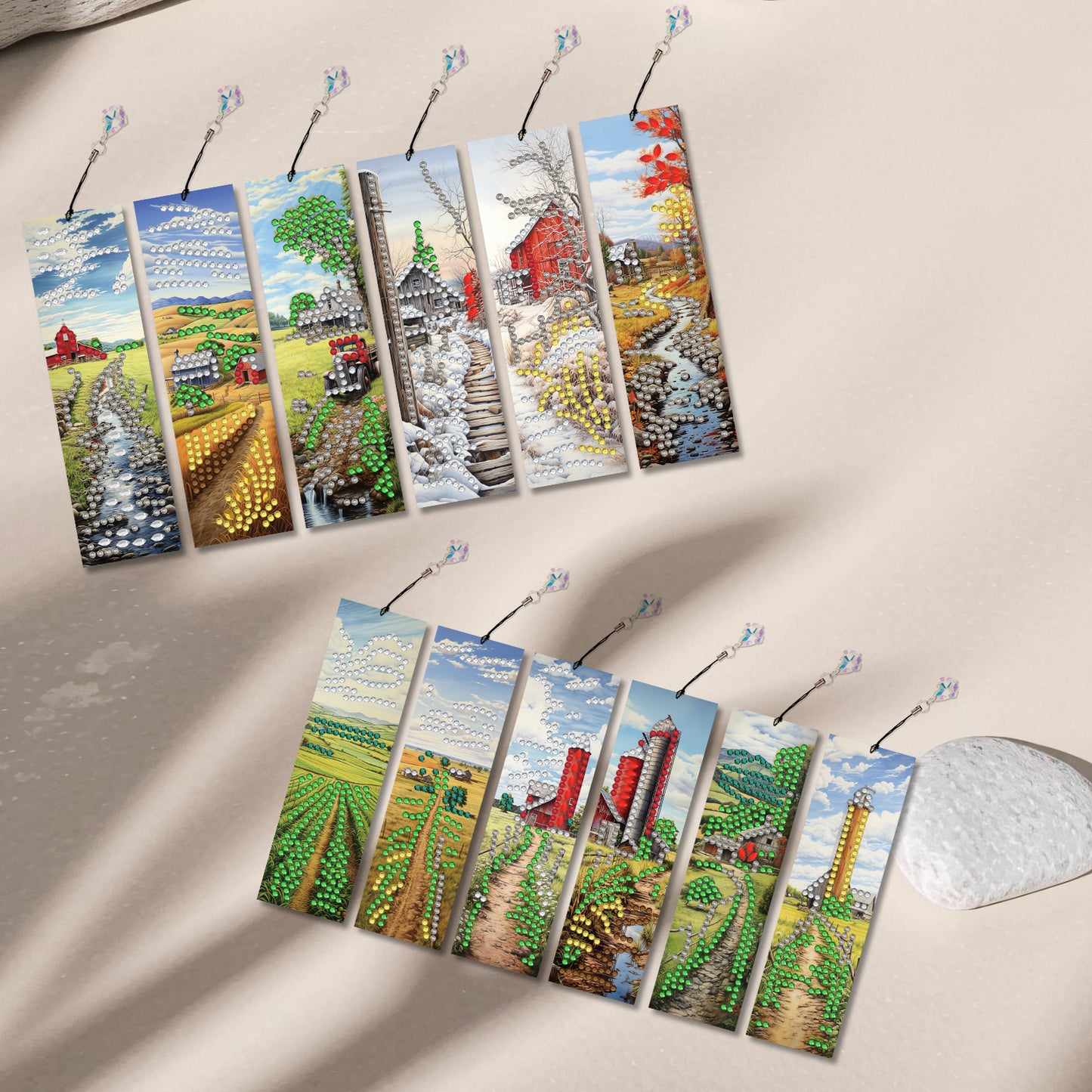 12pcs Countryside DIY 5D Diamond Painting Bookmark Kit with Pendant for Adults
