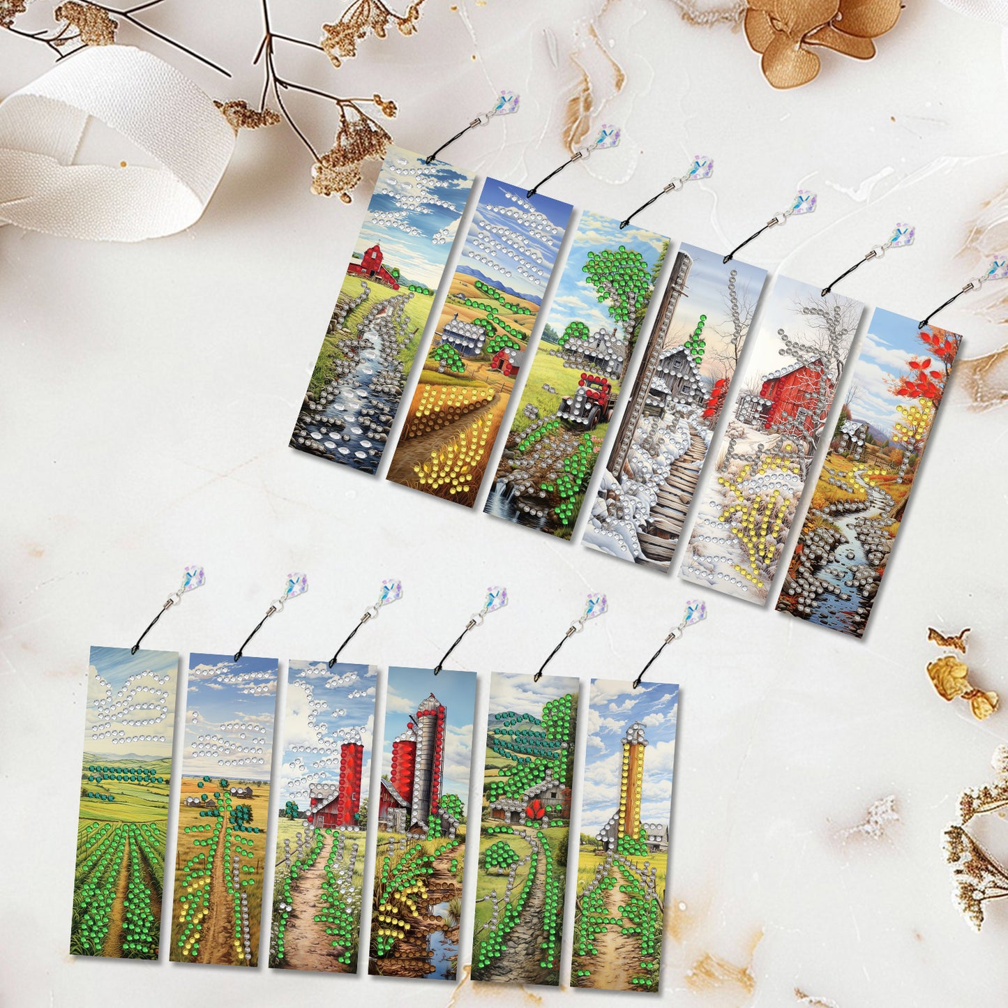 12pcs Countryside DIY 5D Diamond Painting Bookmark Kit with Pendant for Adults