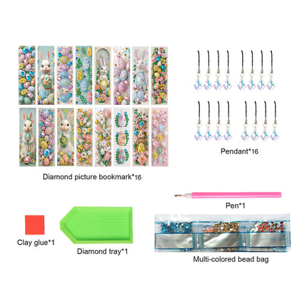 16pcs Easter Eggs DIY 5D Diamond Painting Bookmark Kit with Pendant for Adults