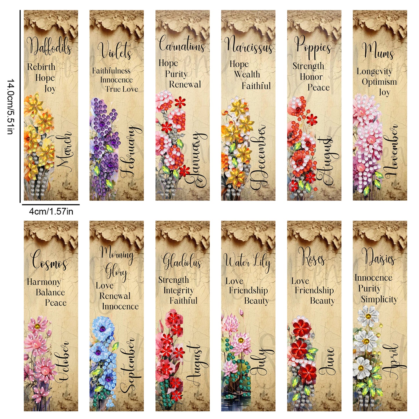 12pcs English DIY 5D Diamond Painting Bookmark Kit w/ Pendant for Adult Beginner