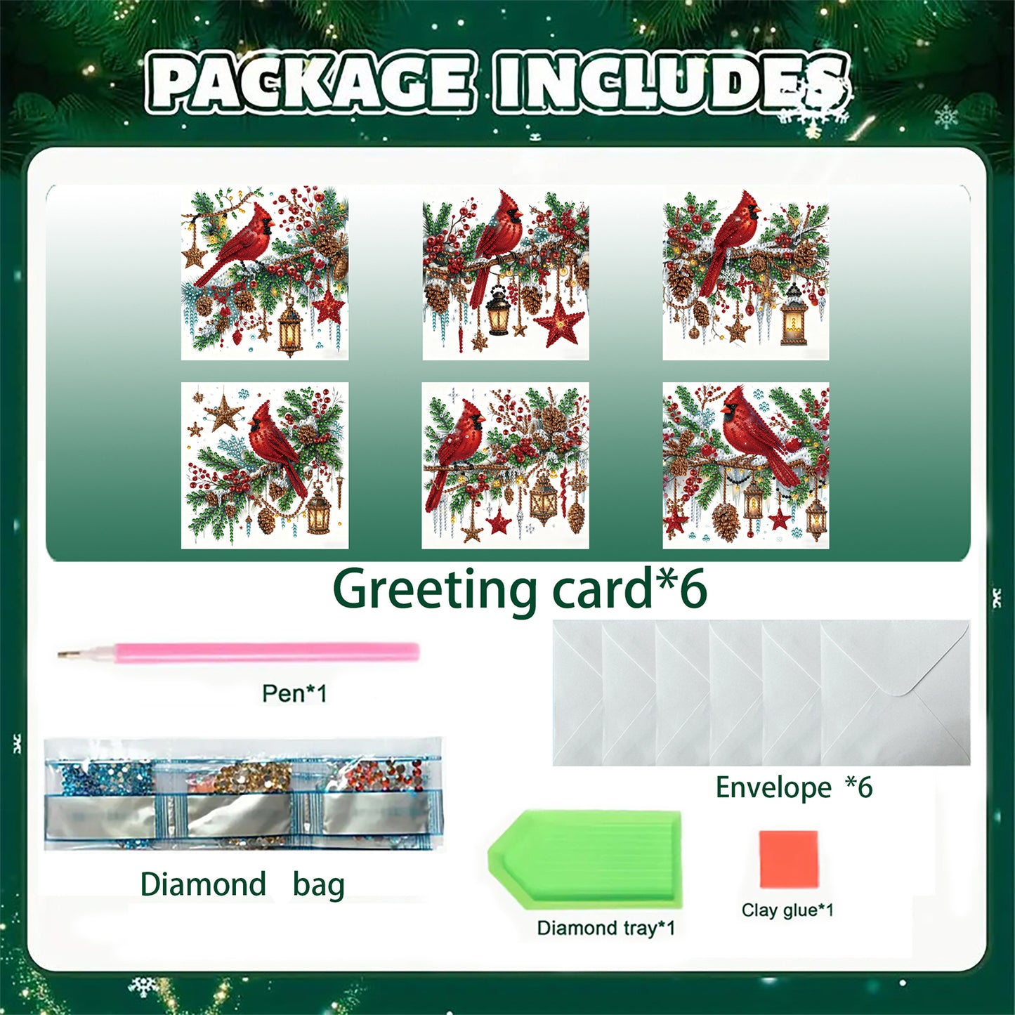 6PCS Cardinal Theme DIY Diamond Painting Art Greeting Card Set with Envelope