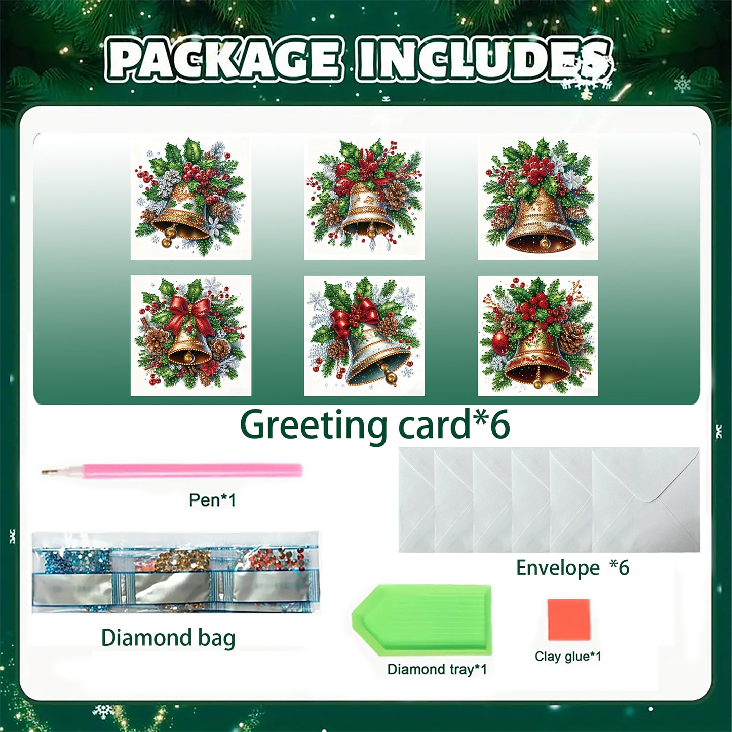 6PCS Bell Theme DIY Diamond Painting Greeting Card Set with Envelope for Gift