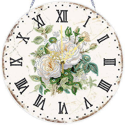 2D DIY Acrylic White Flower Diamond Painting Wall Clock Pendant w/Clock Function