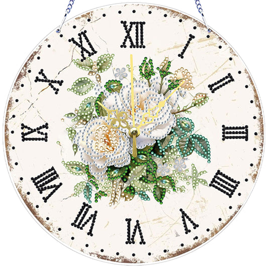 2D DIY Acrylic White Flower Diamond Painting Wall Clock Pendant w/Clock Function
