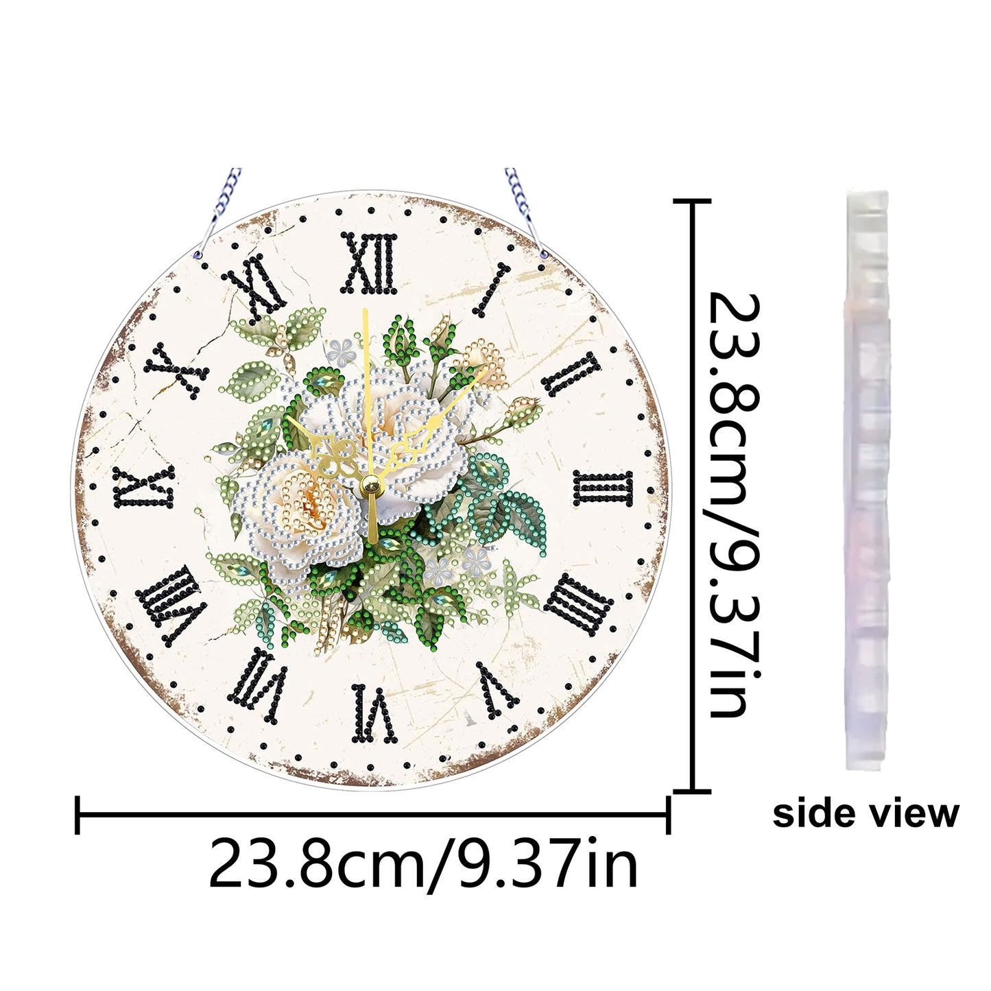 2D DIY Acrylic White Flower Diamond Painting Wall Clock Pendant w/Clock Function