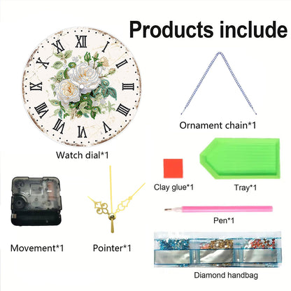 2D DIY Acrylic White Flower Diamond Painting Wall Clock Pendant w/Clock Function