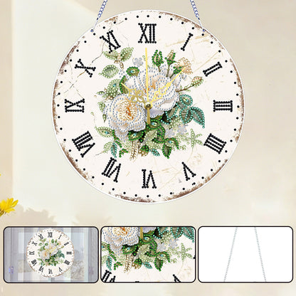 2D DIY Acrylic White Flower Diamond Painting Wall Clock Pendant w/Clock Function
