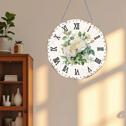 2D DIY Acrylic White Flower Diamond Painting Wall Clock Pendant w/Clock Function