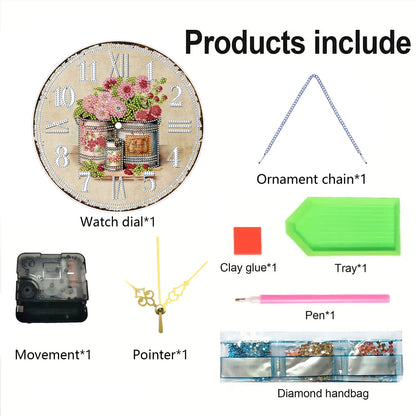 2D DIY Acrylic Iron Bucket Diamond Painting Wall Clock Pendant w/ Clock Function