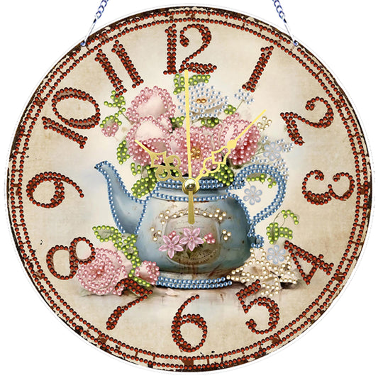 2D DIY Acrylic Blue Flower Diamond Painting Wall Clock Pendant w/ Clock Function