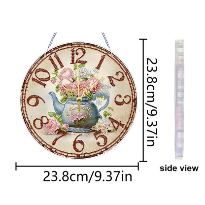 2D DIY Acrylic Blue Flower Diamond Painting Wall Clock Pendant w/ Clock Function