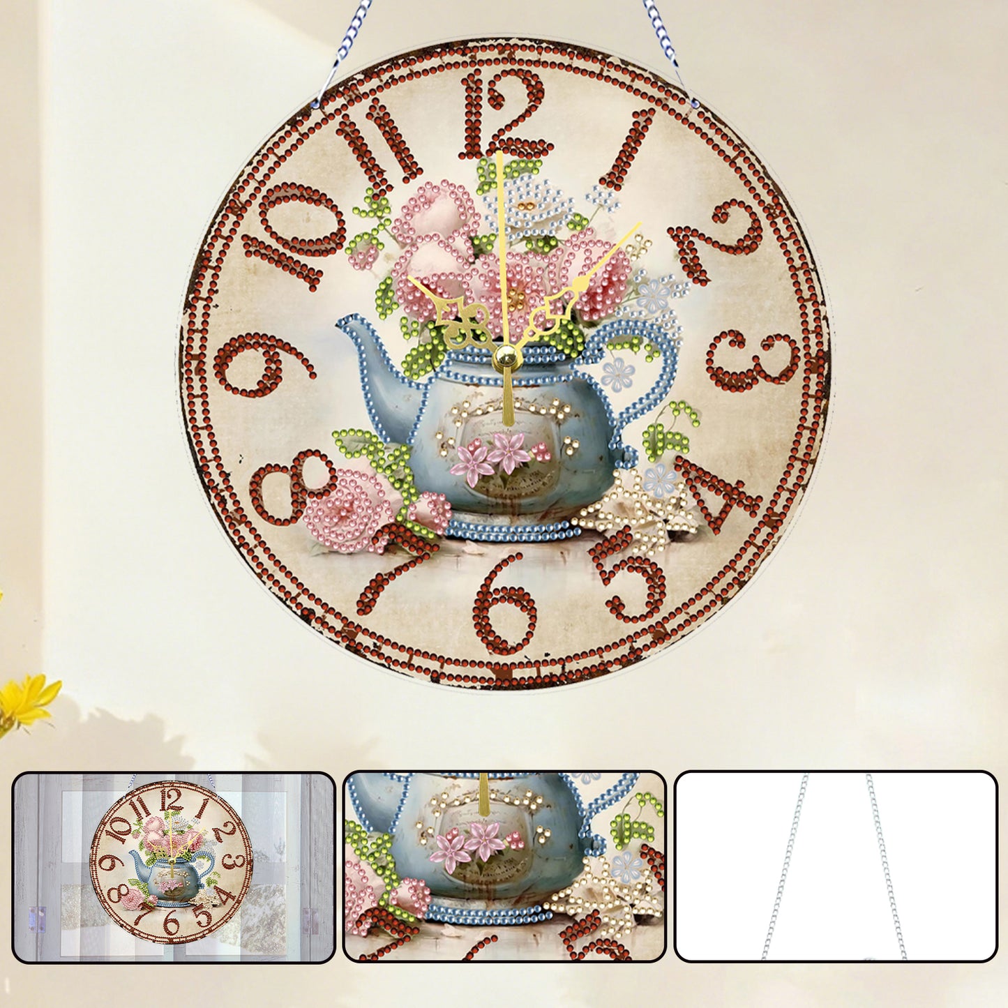 2D DIY Acrylic Blue Flower Diamond Painting Wall Clock Pendant w/ Clock Function