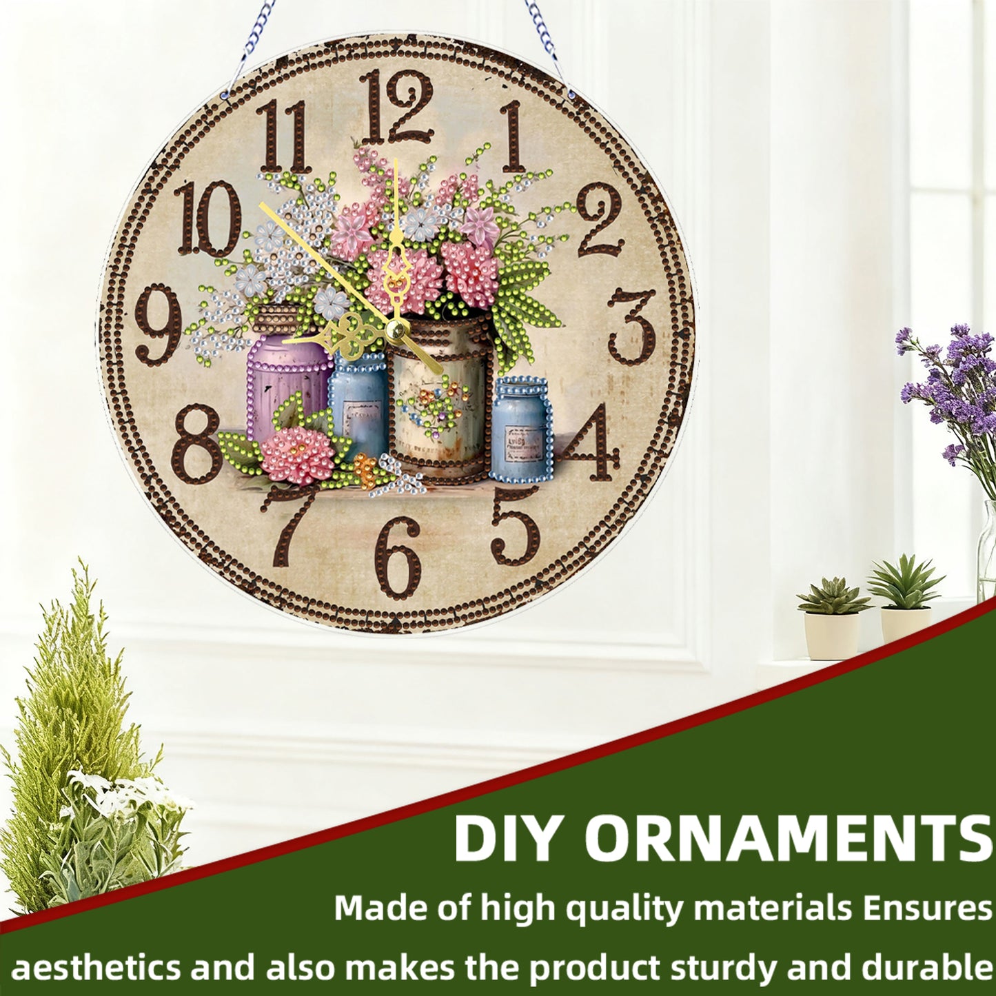 2D DIY Acrylic Vintage Vase Diamond Art Painting Clock Pendant w/ Clock Function