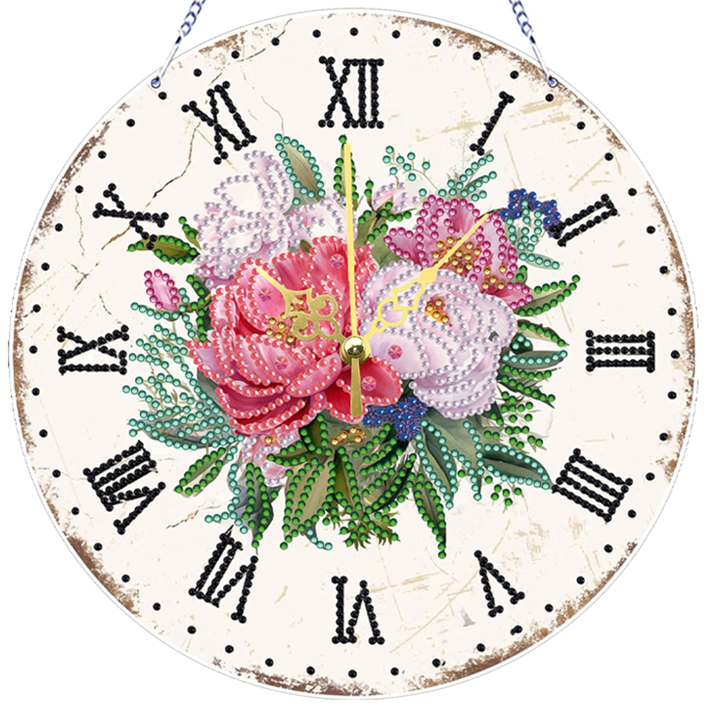 2D DIY Acrylic Pink Flower Diamond Painting Wall Clock Pendant w/ Clock Function