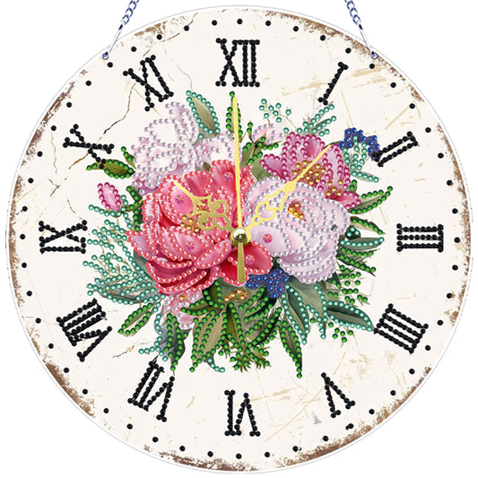 2D DIY Acrylic Pink Flower Diamond Painting Wall Clock Pendant w/ Clock Function