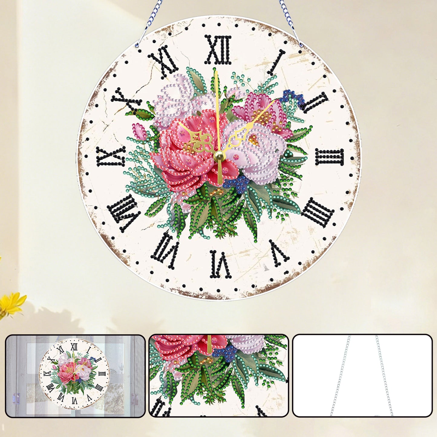 2D DIY Acrylic Pink Flower Diamond Painting Wall Clock Pendant w/ Clock Function