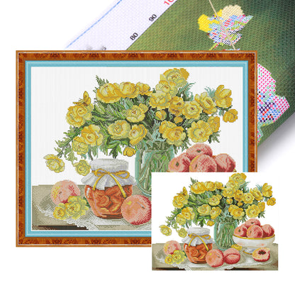 Camellia And Red Peach - 14CT Stamped Cross Stitch 45*37CM (Joy Sunday)