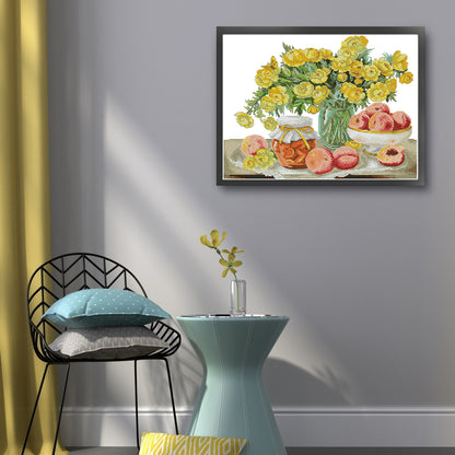 Camellia And Red Peach - 14CT Stamped Cross Stitch 45*37CM (Joy Sunday)