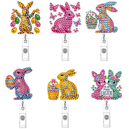 Rabbit 6Pcs DIY Diamond Painting ID Holder with Clip Rhinestone Nurse Badge Reel