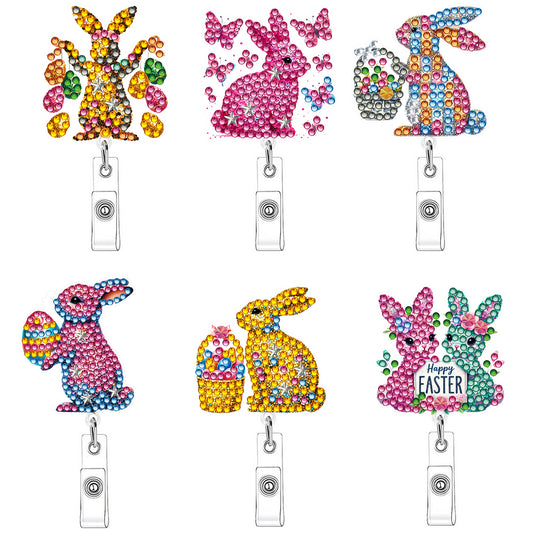 Rabbit 6Pcs DIY Diamond Painting ID Holder with Clip Rhinestone Nurse Badge Reel