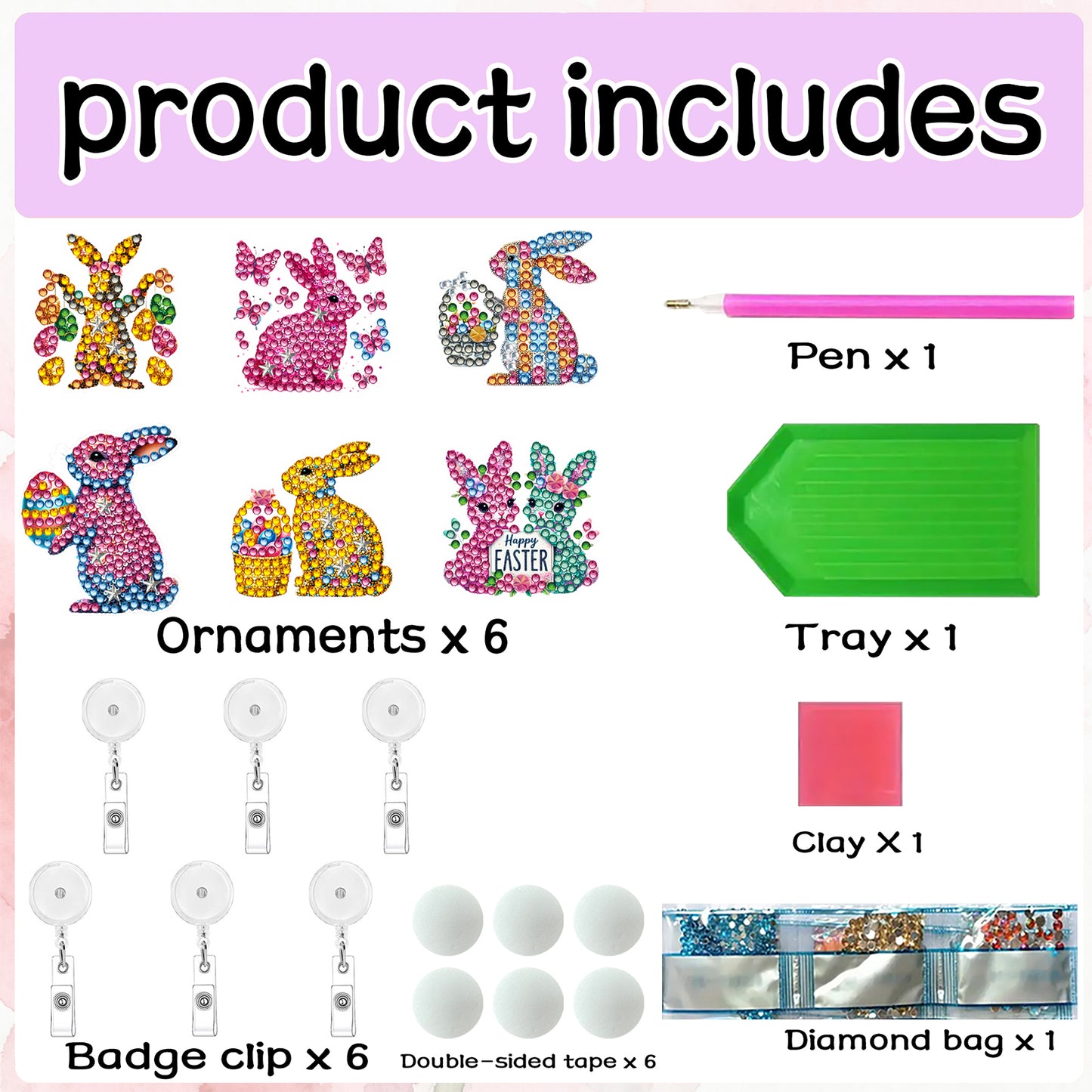 Rabbit 6Pcs DIY Diamond Painting ID Holder with Clip Rhinestone Nurse Badge Reel